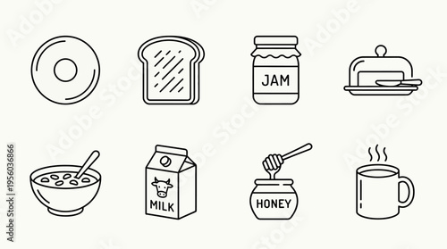 "Minimal line icons of breakfast items including bagel, toast, jam, butter, cereal, milk, honey, coffee."