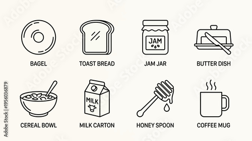 "Minimal line icons of breakfast items including bagel, toast, jam, butter, cereal, milk, honey, coffee."