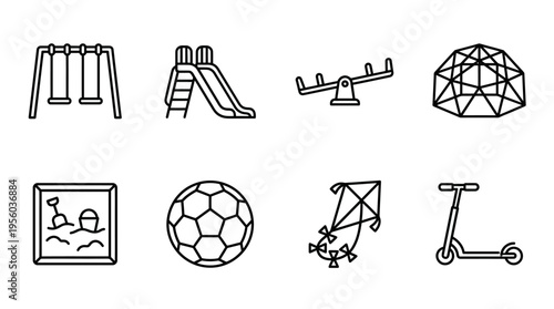 "Minimal line icons of playground activities including swing, slide, seesaw, dome, sandbox, kite, scooter."