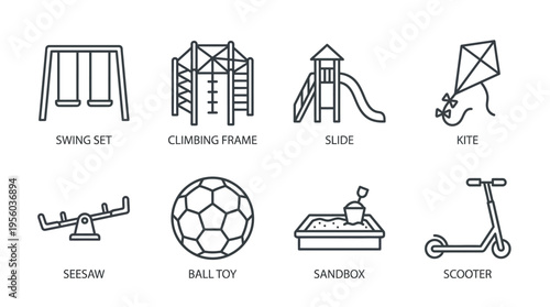 "Minimal line icons of playground activities including swing, slide, seesaw, dome, sandbox, kite, scooter."