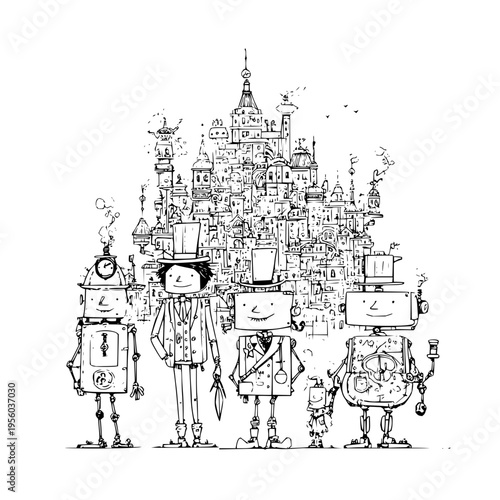 Whimsical steampunk robot family with intricate clockwork details and top hats stands before a fantastical detailed cityscape of towers and gears rendered in a charming black