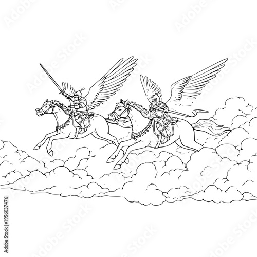 Majestic winged warriors on horseback soar through a dramatic sky filled with ethereal clouds wielding lances and swords embodying power mythology and epic fantasy battles