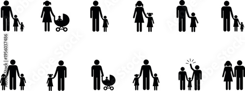 Silhouette icons of parents and children in various family and parenting situations