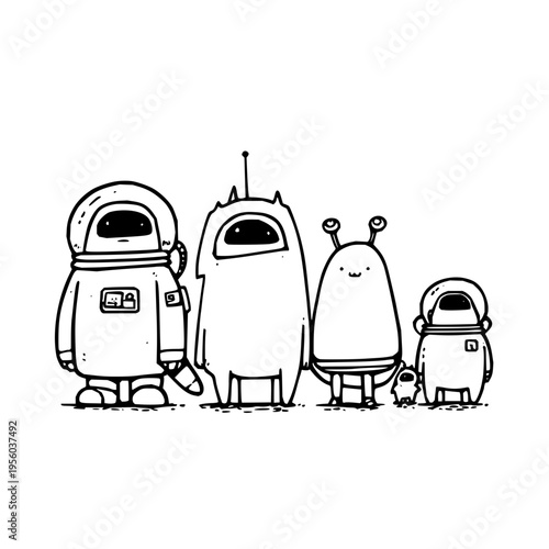 Diverse group of whimsical cartoon characters including an astronaut a large alien monster a small alien with antennae and a tiny robot standing together in a line against a clean
