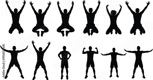 Vector collection of black silhouettes featuring men jumping in celebration, standing in athletic poses, and exercising isolated on white background for fitness and success design.