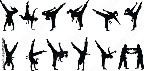 Vector collection of black silhouettes featuring happy families, parents walking with strollers, children playing, and couples holding hands isolated on white background for design.