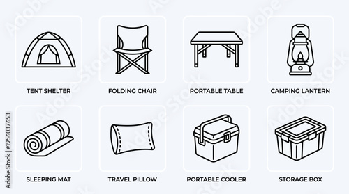 Set of eight camping gear icons including tent, chair, table, lantern, mat, pillow, cooler, and storage box, symbolizing outdoor essentials for travel, adventure, and organized camping trips.