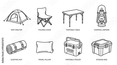 Set of eight camping gear icons including tent, chair, table, lantern, mat, pillow, cooler, and storage box, symbolizing outdoor essentials for travel, adventure, and organized camping trips.