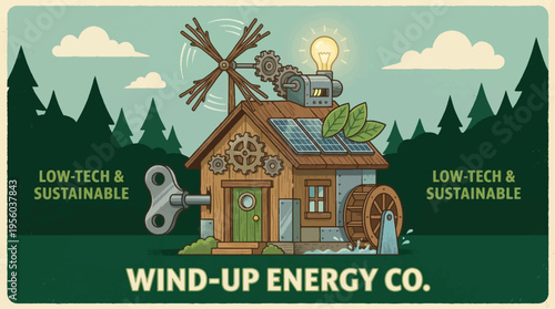 Low-Tech Sustainable Wind-Up Energy Company House Illustration with Solar Panels and Windmill