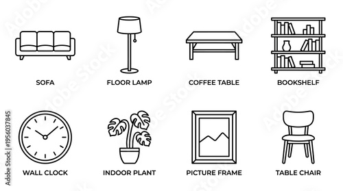 Set of eight household furniture and decor icons including sofa, lamp, coffee table, bookshelf, clock, plant, frame, and chair, symbolizing home essentials, comfort, and interior design basics.