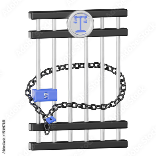 Wallpaper Mural Law And Justice 3D Icon. prison jail bar chain padlock justice law 3d icon with scale emblem and locked gate symbolizing legal restriction and secure custody for court policy concept Torontodigital.ca
