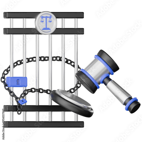 Wallpaper Mural Law And Justice 3D Icon. Gavel handcuff prison bar justice law icon court and 3d render shows arrest restraint with chain and padlock beside judge hammer for legal punishment concept Torontodigital.ca
