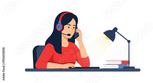 woman wearing headset sitting at desk with lamp and books