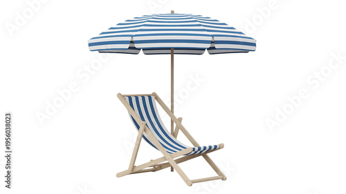 Blue and white striped wooden deck chair positioned underneath a matching large beach umbrella set
