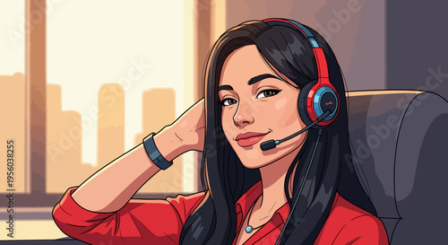 cartoon woman wearing headset sitting at office desk
