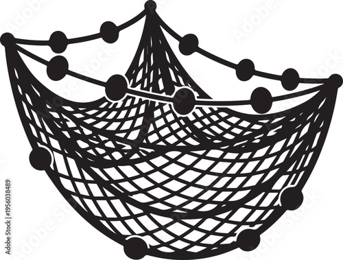 Black silhouette of a fishing net with floats, isolated on white, nautical graphic for coastal and seafood industry branding , Generative Ai