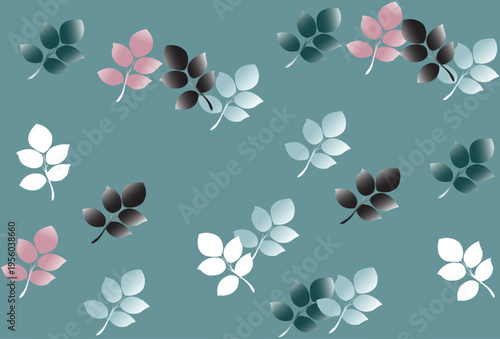 Seamless rose leaf pattern on teal background with soft gradients in pink, gray and white, creating a clean, modern, calming design