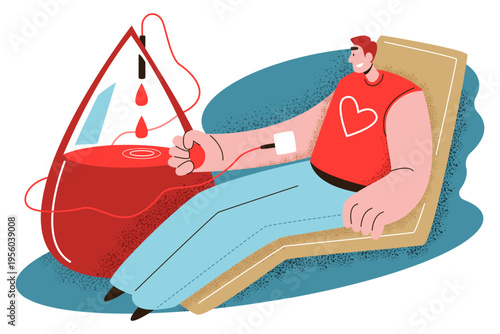 A man sitting in a medical chair donating blood into a large drop-shaped container, representing voluntary blood donation and healthcare support. Vector illustration.