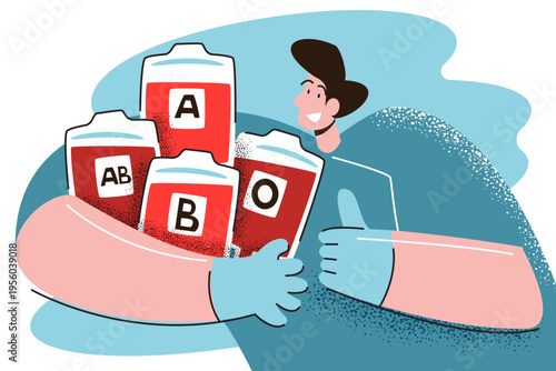 A person smiling and holding bags of different blood types (A, B, O, AB), highlighting the diversity and importance of the blood bank supply. Vector illustration.