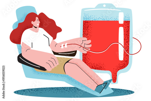 A woman reclining in a chair while donating blood into a massive IV bag, illustrating the process of blood collection and medical generosity. Vector illustration.