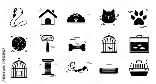 Minimal Pet and Animal Care Icons Black Silhouette Collection Vector Illustration