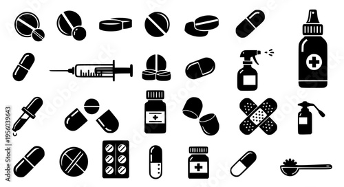 Minimal Antibiotic and Medicine Icons Black Silhouette Medical Collection Vector Illustration