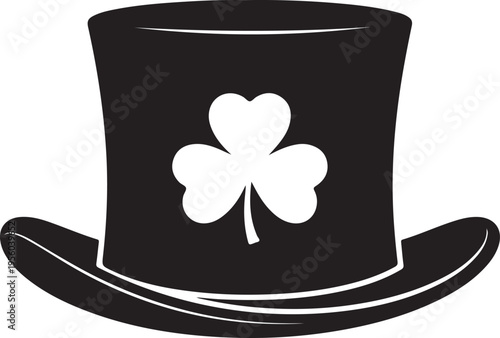 Classic black leprechaun top hat with white shamrock silhouette, St. Patrick's Day costume accessory icon for Irish celebrations and festivals , Generative Ai