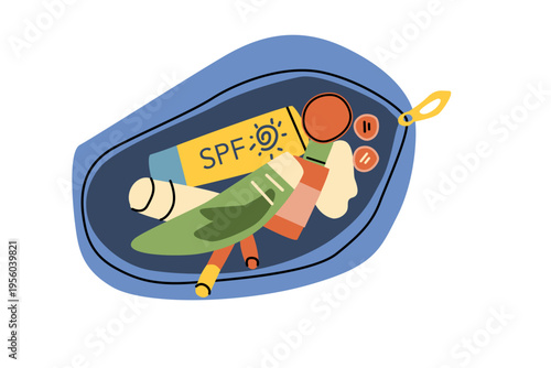 Cartoon accessories for skin care and makeup in holder. Cosmetic purse with sunscreen care lotions and aloe plant cream, cotton, lip balm, cosmetic eye or lip pencils top view.