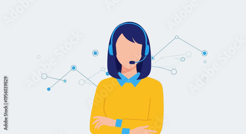 Illustration of woman wearing headset with microphone and yellow shirt