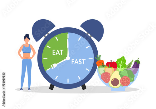 Intermittent fasting with time for food eating. Healthy diet for weight loss and blood sugar control. Food habit. vector illustration