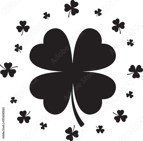 Decorative four-leaf clover silhouette encircled by small shamrocks. Symbol of luck and good fortune for St. Patrick's Day and Irish-themed creative projects. , Generative Ai