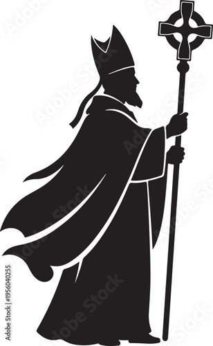 Saint Patrick Silhouette with Celtic Cross Crozier and Mitre, Religious Figure for Irish History and Christian Faith Designs. , Generative Ai