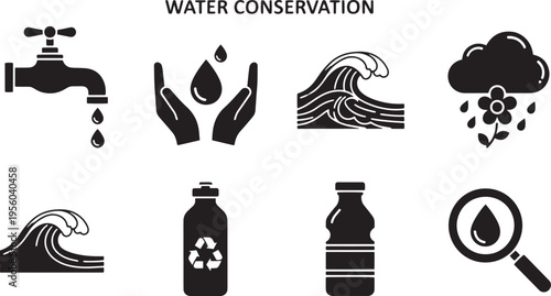 Water conservation icons set with faucet water drops waves cloud rain and bottle symbolizing efficient water usage and resource protection