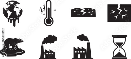 Climate change and global warming icons depicting melting earth rising temperatures industrial pollution and habitat loss for environmental awareness