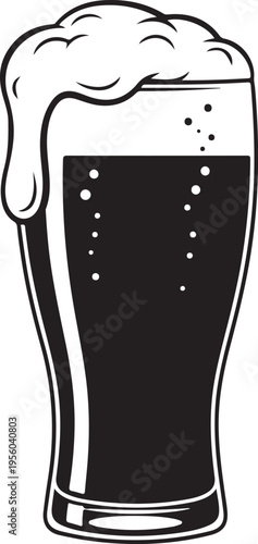Detailed black and white illustration of a pint glass of dark stout beer with a frothy head of foam, isolated on a white background. , Generative Ai