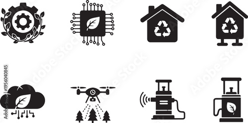 Smart eco technology icons including green energy houses with recycle symbols and digital clouds for sustainable innovation and high tech farming