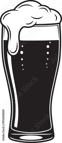 Stylized graphic illustration of a tall glass of dark beer with thick white foam spilling over the side, black and white vector art. , Generative Ai