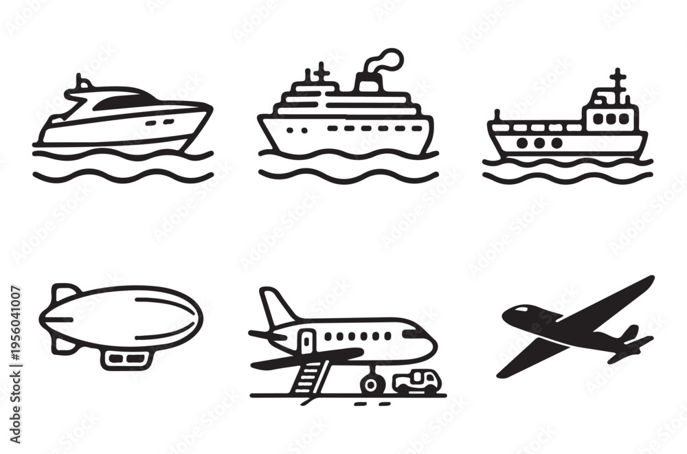 Obraz premium Black and white icons depicting various modes of transportation on water and air