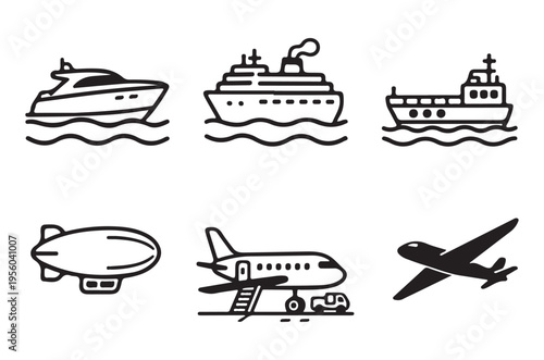 Black and white icons depicting various modes of transportation on water and air