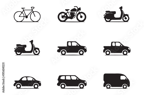 Black silhouettes depicting various modes of transportation including cars and bikes