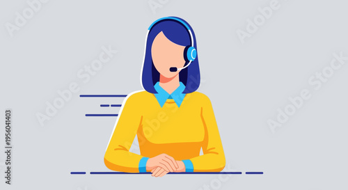 Cartoon illustration of woman wearing headset at desk