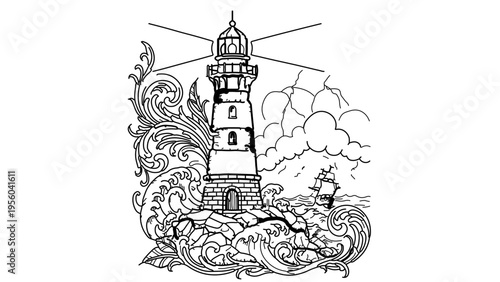 A black and white vector illustration of a lighthouse standing tall amidst turbulent waves and stormy weather