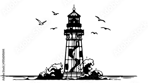 A minimalist black and white vector illustration of a lighthouse standing tall amidst crashing waves and flying seagulls