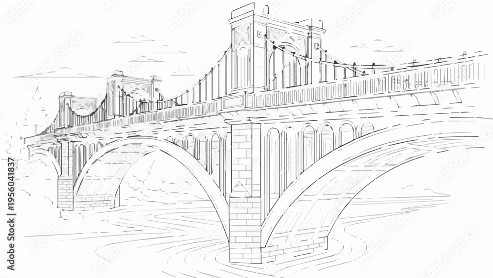 Fototapeta premium A detailed vector illustration of a medieval castle bridge in a minimalist line art style