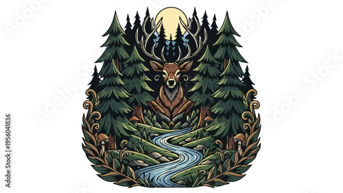 A vibrant vector illustration of a deer in a forest with a winding river and trees under a full moon