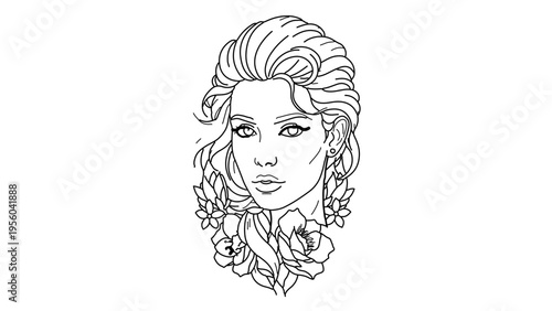 A minimalist line art illustration of a woman's face with flowers in her hair