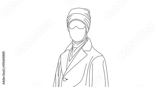 A minimalist line art illustration of a person wearing a suit and turban with goggles