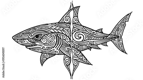 A black and white vector illustration of a shark with tribal tattoo designs