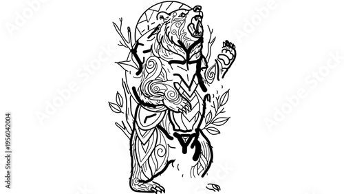 A black and white vector illustration of a bear with tribal tattoos and leaves