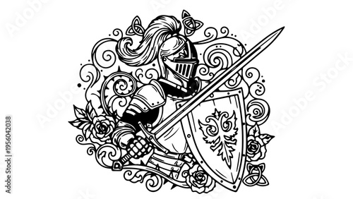 A medieval knight in armor holding a sword and shield with floral designs